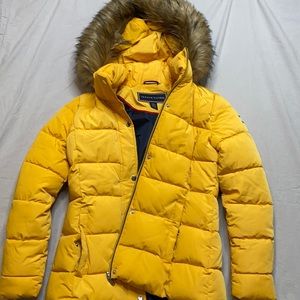 Yellow puffy jacket (with fur hood)